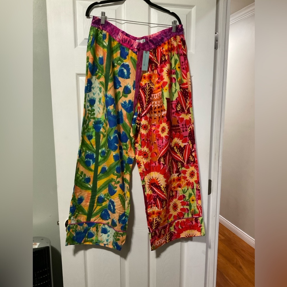 Vibrant Two-Tone Floral Wide-Leg Pants - Pink, Green, Blue, Yellow